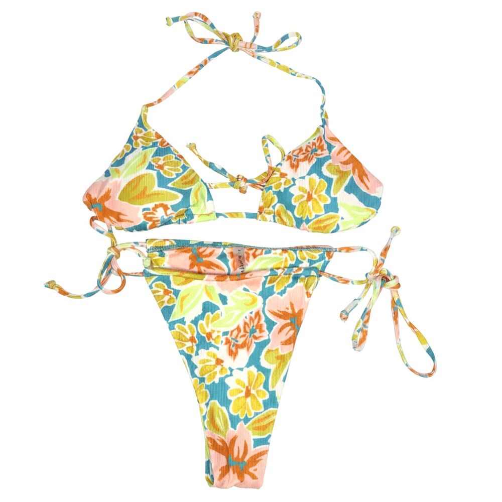 Zaful‎ Aqua Floral High Waisted Cheeky String Bikini Set Size 6 Retro Vacation